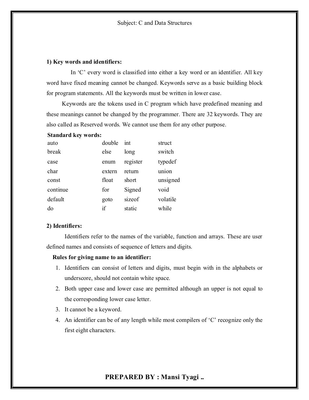 Notes of c programming 1st unit BCA I SEM