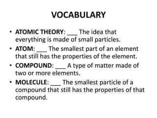 VOCABULARY
• ATOMIC THEORY: ___ The idea that
everything is made of small particles.
• ATOM: ___ The smallest part of an element
that still has the properties of the element.
• COMPOUND: ___ A type of matter made of
two or more elements.
• MOLECULE: ___ The smallest particle of a
compound that still has the properties of that
compound.
 
