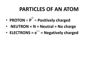 PARTICLES OF AN ATOM
• PROTON = P = Positively charged
• NEUTRON = N = Neutral = No charge
• ELECTRONS = e = Negatively charged
 