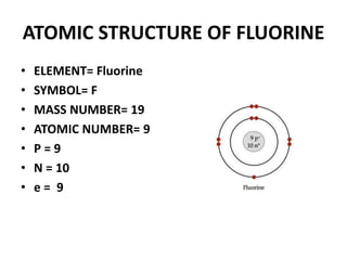 ATOMIC STRUCTURE OF FLUORINE
• ELEMENT= Fluorine
• SYMBOL= F
• MASS NUMBER= 19
• ATOMIC NUMBER= 9
• P = 9
• N = 10
• e = 9
 