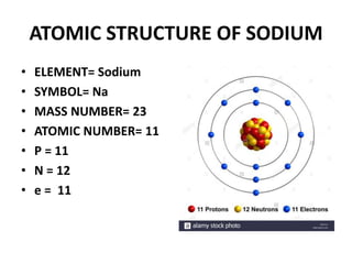ATOMIC STRUCTURE OF SODIUM
• ELEMENT= Sodium
• SYMBOL= Na
• MASS NUMBER= 23
• ATOMIC NUMBER= 11
• P = 11
• N = 12
• e = 11
 
