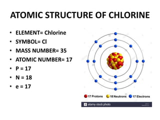 ATOMIC STRUCTURE OF CHLORINE
• ELEMENT= Chlorine
• SYMBOL= Cl
• MASS NUMBER= 35
• ATOMIC NUMBER= 17
• P = 17
• N = 18
• e = 17
 