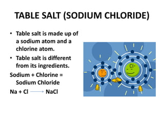 TABLE SALT (SODIUM CHLORIDE)
• Table salt is made up of
a sodium atom and a
chlorine atom.
• Table salt is different
from its ingredients.
Sodium + Chlorine =
Sodium Chloride
Na + Cl NaCl
 