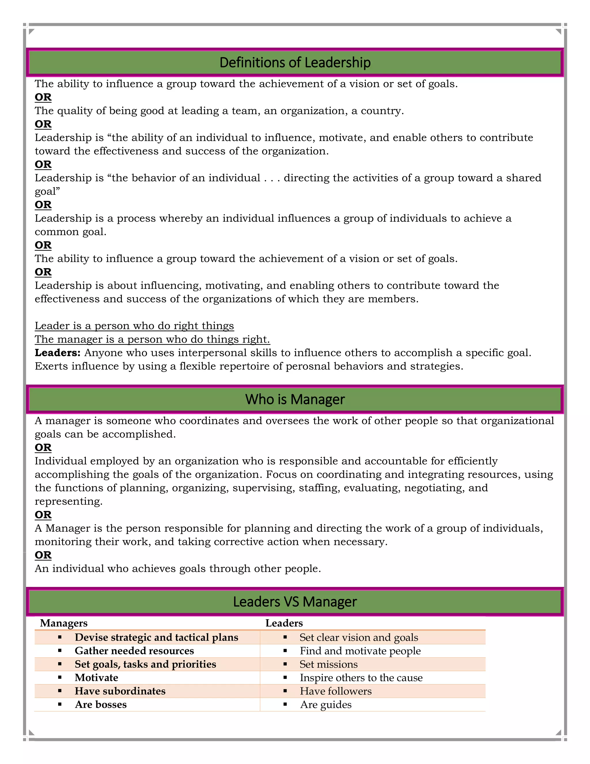 Definitions of Leadership
The ability to influence a group toward the achievement of a vision or set of goals.
OR
The quality of being good at leading a team, an organization, a country.
OR
Leadership is “the ability of an individual to influence, motivate, and enable others to contribute
toward the effectiveness and success of the organization.
OR
Leadership is “the behavior of an individual . . . directing the activities of a group toward a shared
goal”
OR
Leadership is a process whereby an individual influences a group of individuals to achieve a
common goal.
OR
The ability to influence a group toward the achievement of a vision or set of goals.
OR
Leadership is about influencing, motivating, and enabling others to contribute toward the
effectiveness and success of the organizations of which they are members.
Leader is a person who do right things
The manager is a person who do things right.
Leaders: Anyone who uses interpersonal skills to influence others to accomplish a specific goal.
Exerts influence by using a flexible repertoire of perosnal behaviors and strategies.
Who is Manager
A manager is someone who coordinates and oversees the work of other people so that organizational
goals can be accomplished.
OR
Individual employed by an organization who is responsible and accountable for efficiently
accomplishing the goals of the organization. Focus on coordinating and integrating resources, using
the functions of planning, organizing, supervising, staffing, evaluating, negotiating, and
representing.
OR
A Manager is the person responsible for planning and directing the work of a group of individuals,
monitoring their work, and taking corrective action when necessary.
OR
An individual who achieves goals through other people.
Leaders VS Manager
Managers Leaders
 Devise strategic and tactical plans  Set clear vision and goals
 Gather needed resources  Find and motivate people
 Set goals, tasks and priorities  Set missions
 Motivate  Inspire others to the cause
 Have subordinates  Have followers
 Are bosses  Are guides
 