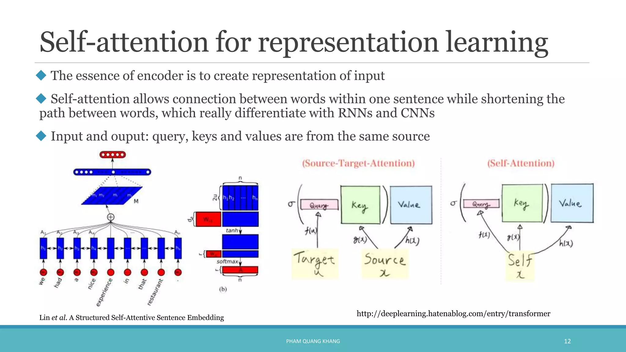 Self-attention for representation learning
 The essence of encoder is to create representation of input
 Self-attention allows connection between words within one sentence while shortening the
path between words, which really differentiate with RNNs and CNNs
 Input and ouput: query, keys and values are from the same source
PHAM QUANG KHANG 12
http://deeplearning.hatenablog.com/entry/transformerLin et al. A Structured Self-Attentive Sentence Embedding
 