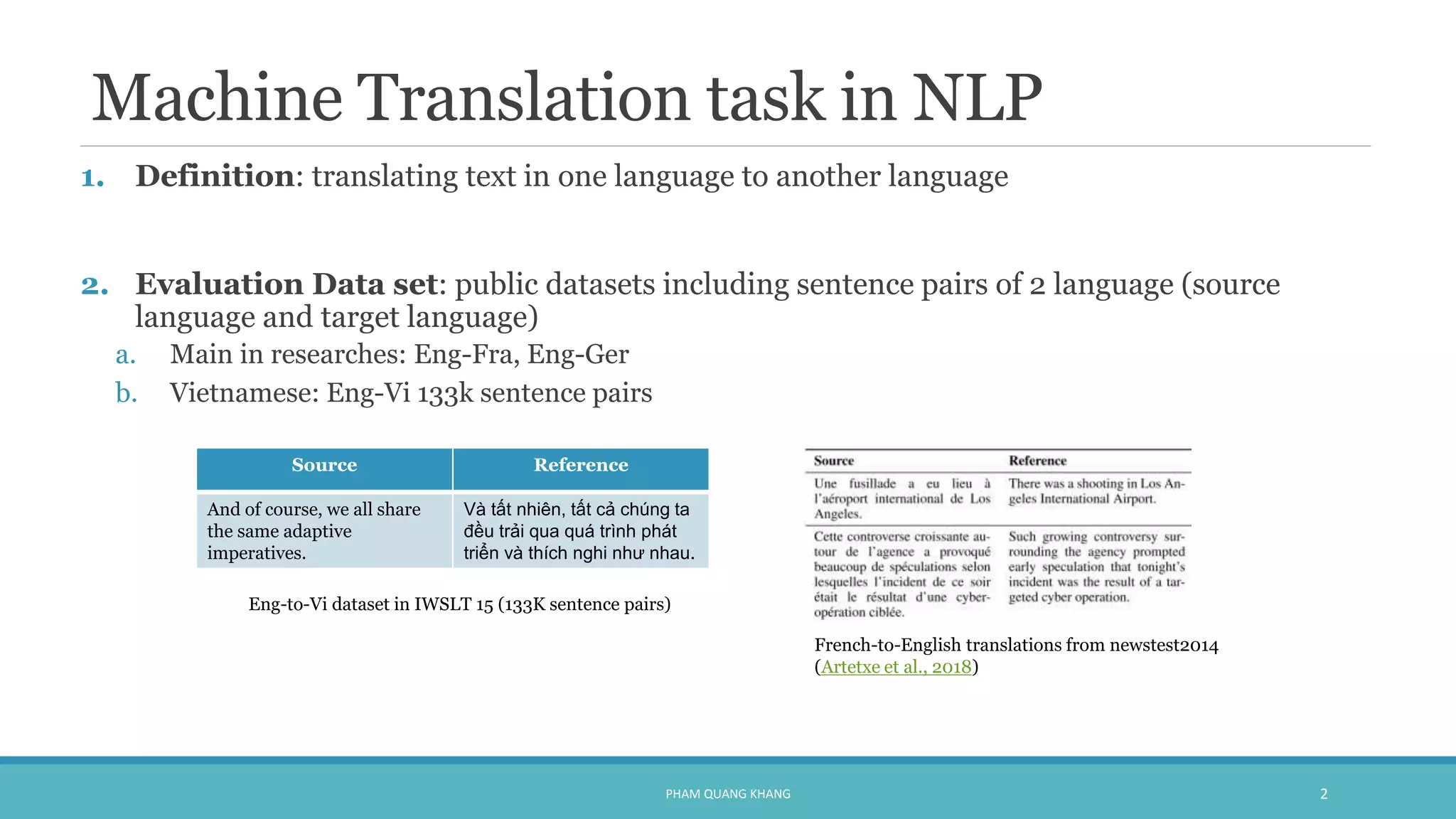 Machine Translation task in NLP
1. Definition: translating text in one language to another language
2. Evaluation Data set: public datasets including sentence pairs of 2 language (source
language and target language)
a. Main in researches: Eng-Fra, Eng-Ger
b. Vietnamese: Eng-Vi 133k sentence pairs
PHAM QUANG KHANG 2
French-to-English translations from newstest2014
(Artetxe et al., 2018)
Source Reference
And of course, we all share
the same adaptive
imperatives.
Và tất nhiên, tất cả chúng ta
đều trải qua quá trình phát
triển và thích nghi như nhau.
Eng-to-Vi dataset in IWSLT 15 (133K sentence pairs)
 