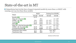 State-of-the-art in MT
 Outperforms best (at the time of paper) reported models by more than 2.0 BLEU with
training cost way less than those models
PHAM QUANG KHANG 15
Attention Is All You Need
 