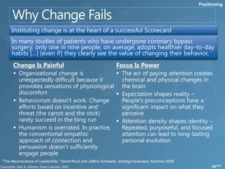 Positioning




     Instituting change is at the heart of a successful Scorecard
     In many studies of patients who have undergone coronary bypass
     surgery, only one in nine people, on average, adopts healthier day-to-day
     habits […] [even if] they clearly see the value of changing their behavior.




“The Neuroscience of Leadership,” David Rock and Jeffery Schwartz, strategy+business, Summer 2006
                                                                                                          43/104
 