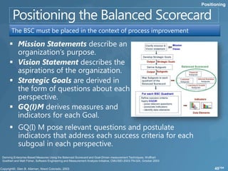 Positioning




      The BSC must be placed in the context of process improvement




Deriving Enterprise-Based Measures Using the Balanced Scorecard and Goal-Driven measurement Techniques, Wolfhart
Goethert and Matt Fisher, Software Engineering and Measurement Analysis Initiative, CMU/SEI-2003-TN-024, October 2003

                                                                                                                              45/104
 