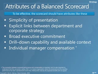 Strategy




                   To be effective, the scorecard should have attributes like these




† Implementing Balanced Scorecard, Jessica Keys, and compensation is important, but it is also important to
   The connection between scorecard performance Auerbach, 2005
   understand that this connection comes ONLY in a mature organization where the scorecard and the resulting
   performance has been operational for some time. Without this maturity the expected benefits will not appear
                                                                                                                    58/104
 