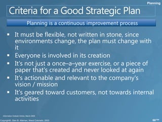 Planning




                            Planning is a continuous improvement process




Information Outlook Online, March 2005

                                                                              66/104
 