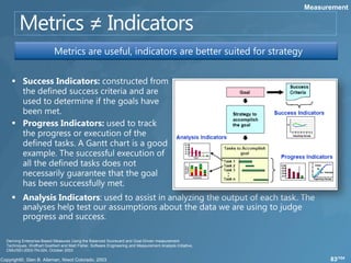 Measurement




                          Metrics are useful, indicators are better suited for strategy




Deriving Enterprise-Based Measures Using the Balanced Scorecard and Goal-Driven measurement
Techniques, Wolfhart Goethert and Matt Fisher, Software Engineering and Measurement Analysis Initiative,
CMU/SEI-2003-TN-024, October 2003

                                                                                                                 83/104
 