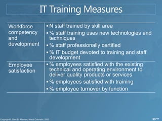 Workforce       N staff trained by skill area
competency      % staff training uses new technologies and
and              techniques
development     % staff professionally certified
                % IT budget devoted to training and staff
                 development
Employee        % employees satisfied with the existing
satisfaction     technical and operating environment to
                 deliver quality products or services
                % employees satisfied with training
                % employee turnover by function




                                                              95/104
 