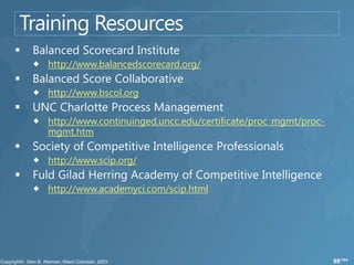 http://www.balancedscorecard.org/

http://www.bscol.org

http://www.continuinged.uncc.edu/certificate/proc_mgmt/proc-
mgmt.htm

http://www.scip.org/

http://www.academyci.com/scip.html




                                                               98/104
 