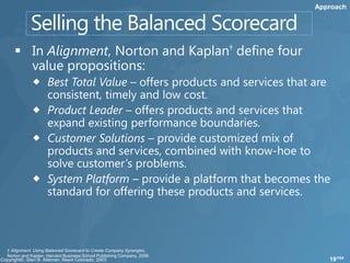 Approach




† Alignment: Using Balanced Scorecard to Create Company Synergies,
Norton and Kaplan, Harvard Business School...