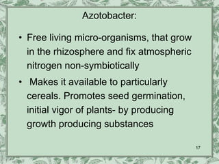 Azotobacter:

• Free living micro-organisms, that grow
  in the rhizosphere and fix atmospheric
  nitrogen non-symbiotically
• Makes it available to particularly
  cereals. Promotes seed germination,
  initial vigor of plants- by producing
  growth producing substances

                                           17
 