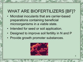 WHAT ARE BIOFERTILIZERS [BF]?
• Microbial inoculants that are carrier-based
  preparations containing beneficial
  microorganisms in a viable state.
• Intended for seed or soil application.
• Designed to improve soil fertility in N and P
• Provide growth promoter substances.




                                                  3
 