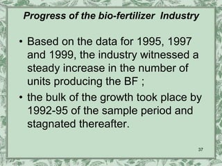 Progress of the bio-fertilizer Industry

• Based on the data for 1995, 1997
  and 1999, the industry witnessed a
  steady increase in the number of
  units producing the BF ;
• the bulk of the growth took place by
  1992-95 of the sample period and
  stagnated thereafter.

                                      37
 