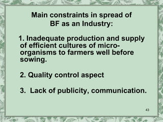 Main constraints in spread of
        BF as an Industry:

1. Inadequate production and supply
of efficient cultures of micro-
organisms to farmers well before
sowing.

2. Quality control aspect

3. Lack of publicity, communication.

                                      43
 