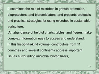 It examines the role of microbes in growth promotion,
bioprotectors, and bioremidiators, and presents protocols
and practical strategies for using microbes in sustainable
agriculture.
An abundance of helpful charts, tables, and figures make
complex information easy to access and understand.
In this first-of-its-kind volume, contributors from 11
countries and several continents address important
issues surrounding microbial biofertilizers,


                                                         73
 