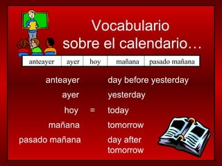 hoy mañana ayer pasado mañana anteayer today tomorrow yesterday day after  tomorrow day before yesterday = hoy mañana pasado mañana ayer anteayer Vocabulario  sobre el calendario… 