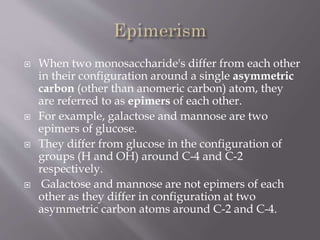  When two monosaccharide's differ from each other
in their configuration around a single asymmetric
carbon (other than anomeric carbon) atom, they
are referred to as epimers of each other.
 For example, galactose and mannose are two
epimers of glucose.
 They differ from glucose in the configuration of
groups (H and OH) around C-4 and C-2
respectively.
 Galactose and mannose are not epimers of each
other as they differ in configuration at two
asymmetric carbon atoms around C-2 and C-4.
 