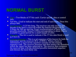 Satnam Singh +919893650699
129
NORMAL BURSTNORMAL BURST
 DataData - Two blocks of 57 bits each. Carries speech, data or control
info.
 Tail bits - Used to indicate the start and end of each burst. Three bits
always 000.
 Guard periodGuard period - 8.25 bits long. The receiver can only receive and
decode if the burst is received within the timeslot designated for
it.Since the MS are moving. Exact synchronization of burst is not
possible practically. Hence 8.25bits corresponding to about 30us is
available as guard period for a small margin of error.
 Flag bitsFlag bits - This bit is used to indicate if the 57 bits data block is used
as FACCH.
 Training SequenceTraining Sequence - This is a set sequence of bits known by both the
transmitter and the receiver( BCC of BSIC). When a burst of
information is received the equaliser searches for the training
sequence code. The receiver measures and then mimics the distortion
which the signal has been subjected to. The receiver then compares
the received data with the distorted possible transmitted sequence
and chooses the most likely one.
 