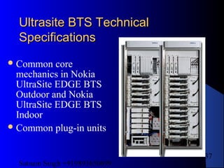 Satnam Singh +919893650699
137
Ultrasite BTS TechnicalUltrasite BTS Technical
SpecificationsSpecifications
Common core
mechanics in Nokia
UltraSite EDGE BTS
Outdoor and Nokia
UltraSite EDGE BTS
Indoor
Common plug-in units
 