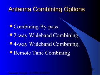 Satnam Singh +919893650699
144
Antenna Combining OptionsAntenna Combining Options
Combining By-pass
2-way Wideband Combining
4-way Wideband Combining
Remote Tune Combining
 