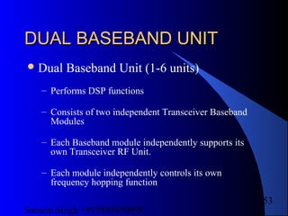 Satnam Singh +919893650699
153
DUAL BASEBAND UNITDUAL BASEBAND UNIT
Dual Baseband Unit (1-6 units)
– Performs DSP functions
– Consists of two independent Transceiver Baseband
Modules
– Each Baseband module independently supports its
own Transceiver RF Unit.
– Each module independently controls its own
frequency hopping function
 