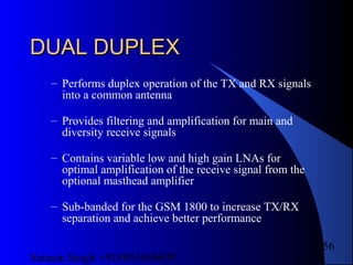 Satnam Singh +919893650699
156
DUAL DUPLEXDUAL DUPLEX
– Performs duplex operation of the TX and RX signals
into a common antenna
– Provides filtering and amplification for main and
diversity receive signals
– Contains variable low and high gain LNAs for
optimal amplification of the receive signal from the
optional masthead amplifier
– Sub-banded for the GSM 1800 to increase TX/RX
separation and achieve better performance
 