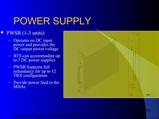 Satnam Singh +919893650699
176
POWER SUPPLYPOWER SUPPLY
 PWSB (1-3 units)
– Operates on DC input
power and provides the
DC output power voltage
– BTS can accommodate up
to 3 DC power supplies
– PWSB Supports full
redundancy for up to 12
TRX configuration
– Provide power feed to the
MHAs
R(FLT)
Y(STANDBY)
G(OPR)
99584285
 