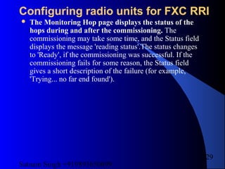 Satnam Singh +919893650699
229
Configuring radio units for FXC RRI
 The Monitoring Hop page displays the status of the
hops during and after the commissioning. The
commissioning may take some time, and the Status field
displays the message 'reading status'.The status changes
to 'Ready', if the commissioning was successful. If the
commissioning fails for some reason, the Status field
gives a short description of the failure (for example,
'Trying... no far end found').
 