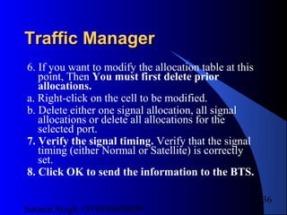 Satnam Singh +919893650699
236
Traffic ManagerTraffic Manager
6. If you want to modify the allocation table at this
point, Then You must first delete prior
allocations.
a. Right-click on the cell to be modified.
b. Delete either one signal allocation, all signal
allocations or delete all allocations for the
selected port.
7. Verify the signal timing. Verify that the signal
timing (either Normal or Satellite) is correctly
set.
8. Click OK to send the information to the BTS.
 