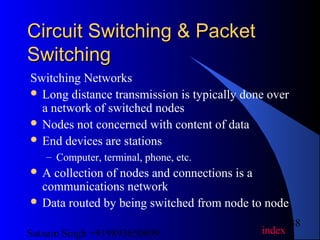Satnam Singh +919893650699
38
Circuit Switching & PacketCircuit Switching & Packet
SwitchingSwitching
Switching Networks
 Long distance transmission is typically done over
a network of switched nodes
 Nodes not concerned with content of data
 End devices are stations
– Computer, terminal, phone, etc.
 A collection of nodes and connections is a
communications network
 Data routed by being switched from node to node
index
 