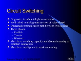 Satnam Singh +919893650699
42
Circuit SwitchingCircuit Switching
 Originated in public telephone networks
 Well suited to analog transmission of voice signal
 Dedicated communication path between two stations
 Three phases
– Establish
– Transfer
– Disconnect
 Must have switching capacity and channel capacity to
establish connection
 Must have intelligence to work out routing
index
 