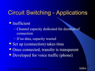 Satnam Singh +919893650699
43
Circuit Switching - ApplicationsCircuit Switching - Applications
Inefficient
– Channel capacity dedicated for duration of
connection
– If no data, capacity wasted
Set up (connection) takes time
Once connected, transfer is transparent
Developed for voice traffic (phone)
index
 
