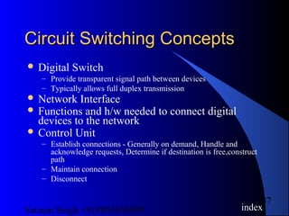 Satnam Singh +919893650699
47
Circuit Switching ConceptsCircuit Switching Concepts
 Digital Switch
– Provide transparent signal path between devices
– Typically allows full duplex transmission
 Network Interface
 Functions and h/w needed to connect digital
devices to the network
 Control Unit
– Establish connections - Generally on demand, Handle and
acknowledge requests, Determine if destination is free,construct
path
– Maintain connection
– Disconnect
index
 