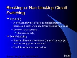 Satnam Singh +919893650699
48
Blocking or Non-blocking CircuitBlocking or Non-blocking Circuit
SwitchingSwitching
 Blocking
– A network may not be able to connect stations
because all paths are in use (more stations than path)
– Used on voice systems
 Short duration calls
 Non-blocking
– Permits all stations to connect (in pairs) at once (at
least as many paths as stations)
– Used for some data connections
index
 
