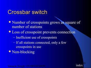 Satnam Singh +919893650699
50
Crossbar switchCrossbar switch
Number of crosspoints grows as square of
number of stations
Loss of crosspoint prevents connection
– Inefficient use of crosspoints
– If all stations connected, only a few
crosspoints in use
Non-blocking
index
 