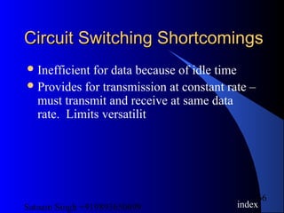 Satnam Singh +919893650699
66
Circuit Switching ShortcomingsCircuit Switching Shortcomings
Inefficient for data because of idle time
Provides for transmission at constant rate –
must transmit and receive at same data
rate. Limits versatilit
index
 