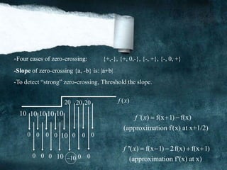 -Four cases of zero-crossing: {+,-}, {+, 0,-}, {-, +}, {-, 0, +}
-Slope of zero-crossing {a, -b} is: |a+b|
-To detect “strong” zero-crossing, Threshold the slope.
20 20 20
10 10 10 10 10
10
10 10
0 0 0 0 0 0 0
0 0 0 00
( )f x
'( ) f(x 1) f(x)f x   
(approximation f'(x) at x+1/2)
''( ) f(x 1) 2f(x) f(x 1)f x     
(approximation f''(x) at x)
 
