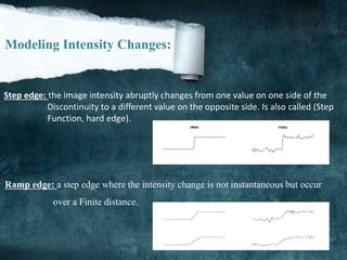 Step edge: the image intensity abruptly changes from one value on one side of the
Discontinuity to a different value on the opposite side. Is also called (Step
Function, hard edge).
Modeling Intensity Changes:
Ramp edge: a step edge where the intensity change is not instantaneous but occur
over a Finite distance.
 