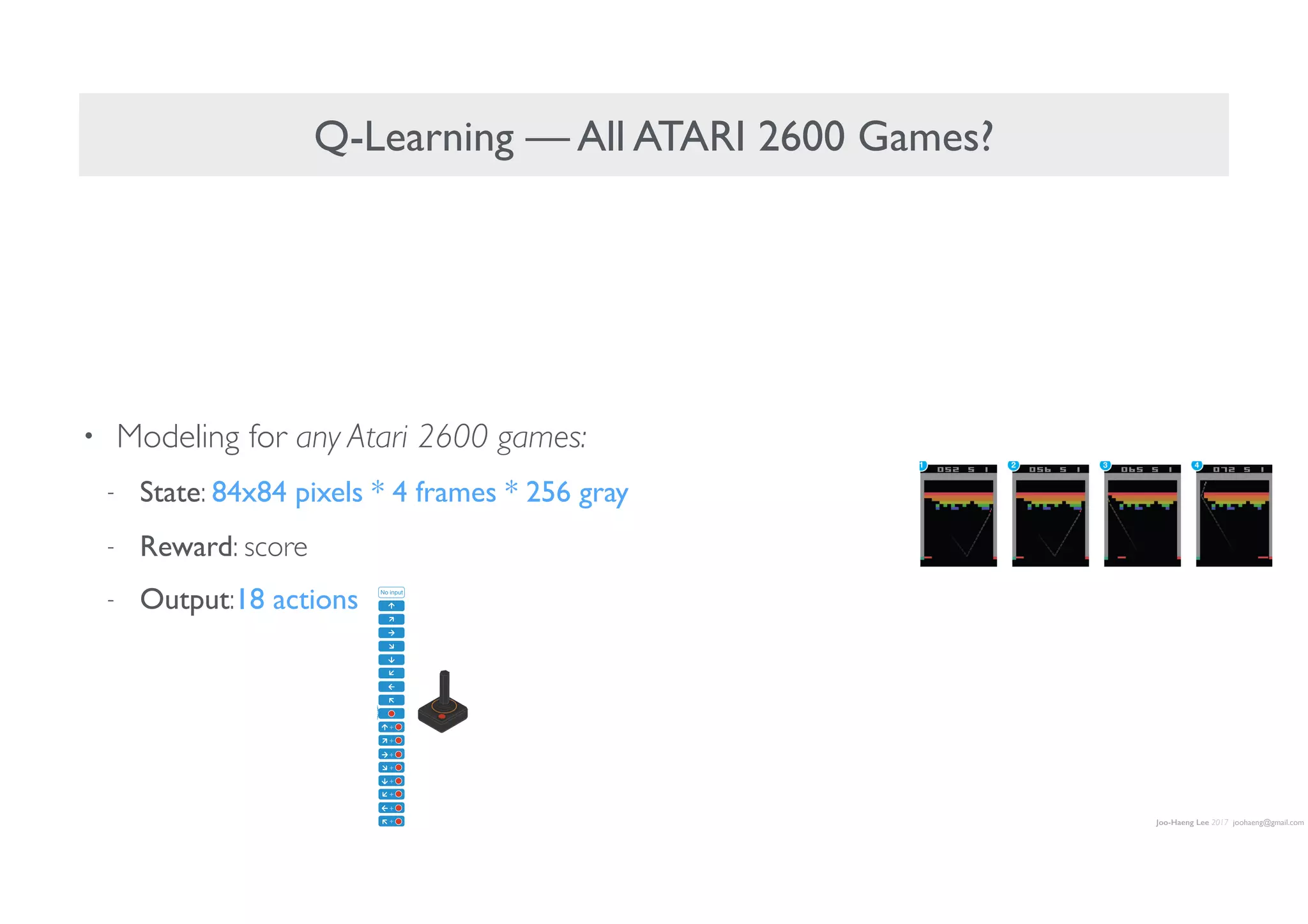 Joo-Haeng Lee 2017 joohaeng@gmail.com
Q-Learning — All ATARI 2600 Games?
• Modeling for any Atari 2600 games:
- State: 84x84 pixels * 4 frames * 256 gray
- Reward: score
- Output:18 actions
Convolution Convolution Fully connected Fully connected
No input
ation of the convolutional neural network. The
explained in the Methods. The input to the neural
843 4 image produced by the preprocessing
nvolutional layers (note: snaking blue line
symbolizes sliding of each filter across input image) and two fully connected
layers with a single output for each valid action. Each hidden layer is followed
by a rectifier nonlinearity (that is, max 0,xð Þ).
 