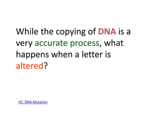 While the copying of DNA is a
very accurate process, what
happens when a letter is
altered?
VC: DNA Mutation