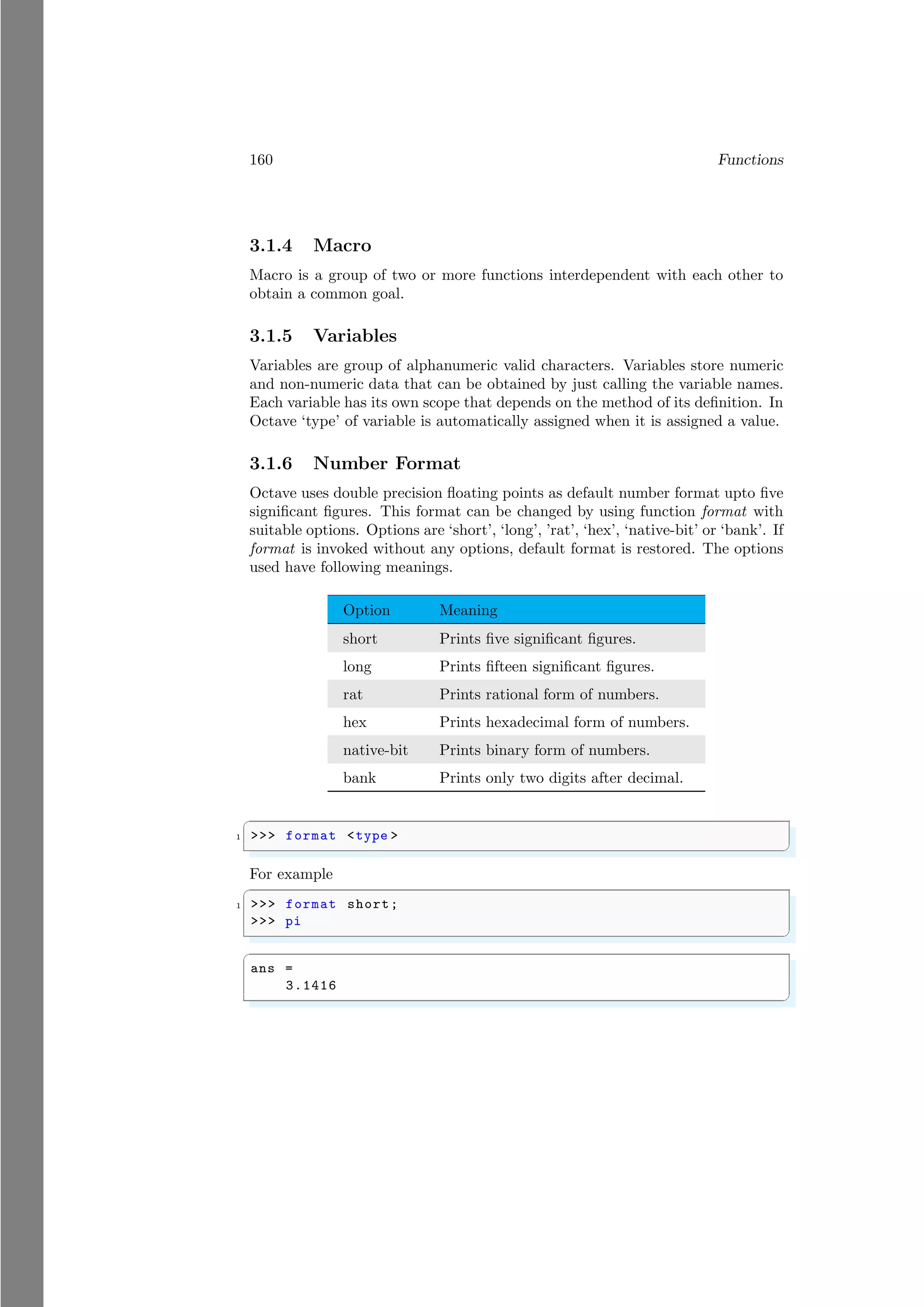 160 Functions
3.1.4 Macro
Macro is a group of two or more functions interdependent with each other to
obtain a common goal.
3.1.5 Variables
Variables are group of alphanumeric valid characters. Variables store numeric
and non-numeric data that can be obtained by just calling the variable names.
Each variable has its own scope that depends on the method of its definition. In
Octave ‘type’ of variable is automatically assigned when it is assigned a value.
3.1.6 Number Format
Octave uses double precision floating points as default number format upto five
significant figures. This format can be changed by using function format with
suitable options. Options are ‘short’, ‘long’, ’rat’, ‘hex’, ‘native-bit’ or ‘bank’. If
format is invoked without any options, default format is restored. The options
used have following meanings.
Option Meaning
short Prints five significant figures.
long Prints fifteen significant figures.
rat Prints rational form of numbers.
hex Prints hexadecimal form of numbers.
native-bit Prints binary form of numbers.
bank Prints only two digits after decimal.
✞
1 >>> format <type >
✌
✆
For example
✞
1 >>> format short;
>>> pi
✌
✆
✞
ans =
3.1416
✌
✆
 
