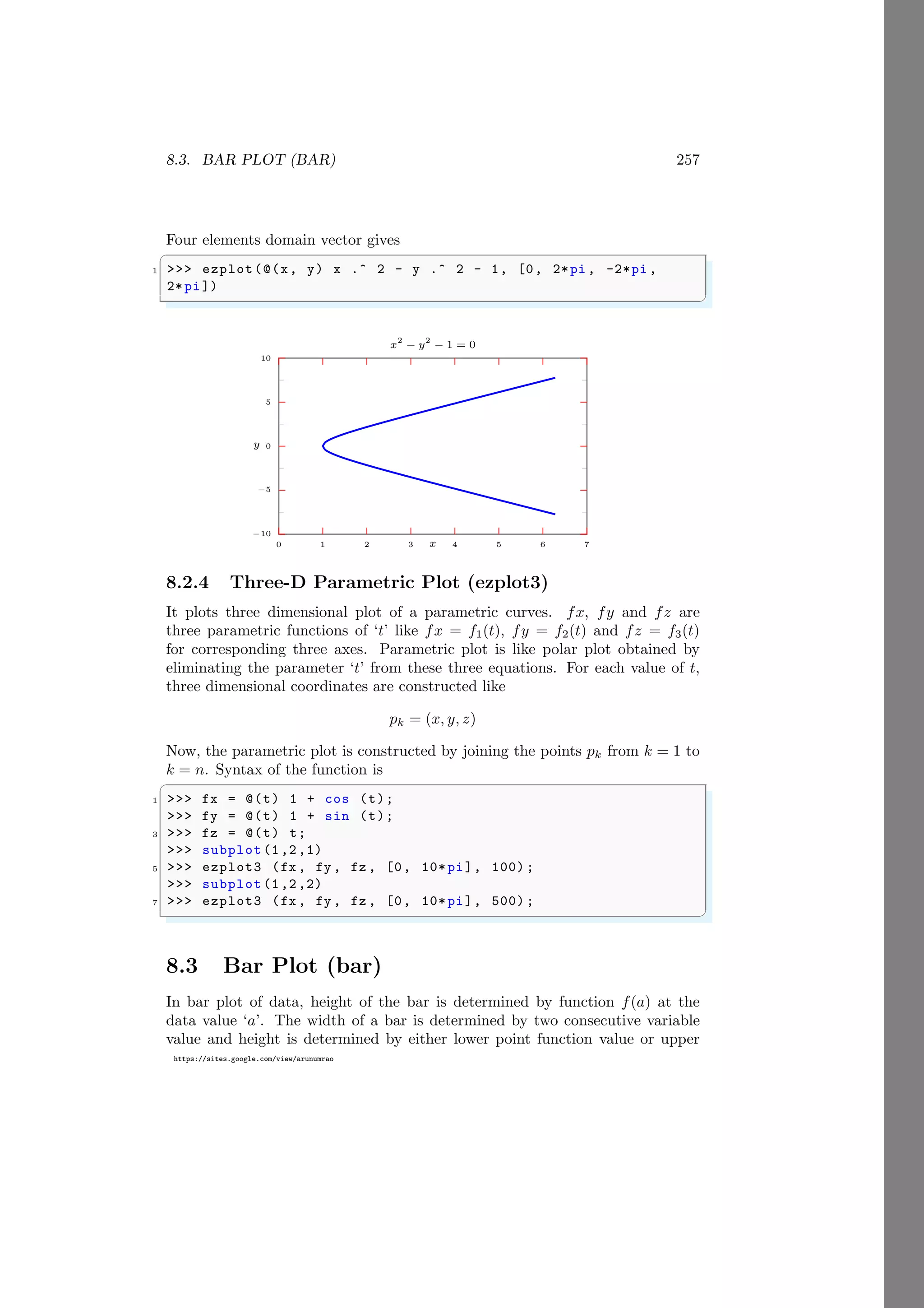 8.3. BAR PLOT (BAR) 257
https://sites.google.com/view/arunumrao
Four elements domain vector gives
✞
1 >>> ezplot(@(x, y) x .^ 2 - y .^ 2 - 1, [0, 2*pi , -2*pi ,
2*pi])
✌
✆
−10
−5
0
5
10
0 1 2 3 4 5 6 7
y
x
x2
− y2
− 1 = 0
8.2.4 Three-D Parametric Plot (ezplot3)
It plots three dimensional plot of a parametric curves. fx, fy and fz are
three parametric functions of ‘t’ like fx = f1(t), fy = f2(t) and fz = f3(t)
for corresponding three axes. Parametric plot is like polar plot obtained by
eliminating the parameter ‘t’ from these three equations. For each value of t,
three dimensional coordinates are constructed like
pk = (x, y, z)
Now, the parametric plot is constructed by joining the points pk from k = 1 to
k = n. Syntax of the function is
✞
1 >>> fx = @(t) 1 + cos (t);
>>> fy = @(t) 1 + sin (t);
3 >>> fz = @(t) t;
>>> subplot (1,2,1)
5 >>> ezplot3 (fx , fy , fz , [0, 10*pi], 100) ;
>>> subplot (1,2,2)
7 >>> ezplot3 (fx , fy , fz , [0, 10*pi], 500) ;
✌
✆
8.3 Bar Plot (bar)
In bar plot of data, height of the bar is determined by function f(a) at the
data value ‘a’. The width of a bar is determined by two consecutive variable
value and height is determined by either lower point function value or upper
 