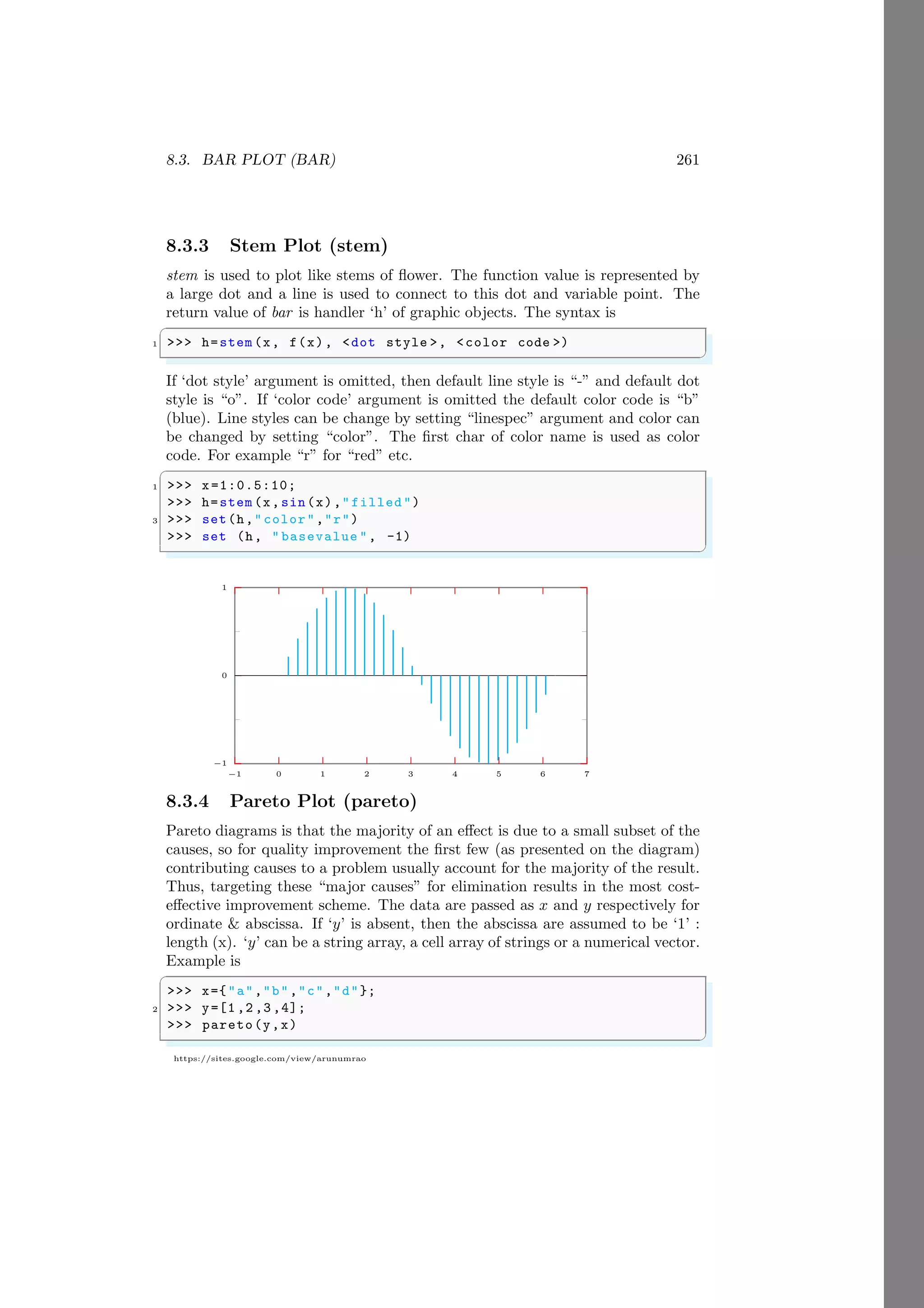 8.3. BAR PLOT (BAR) 261
https://sites.google.com/view/arunumrao
8.3.3 Stem Plot (stem)
stem is used to plot like stems of flower. The function value is represented by
a large dot and a line is used to connect to this dot and variable point. The
return value of bar is handler ‘h’ of graphic objects. The syntax is
✞
1 >>> h=stem (x, f(x), <dot style >, <color code >)
✌
✆
If ‘dot style’ argument is omitted, then default line style is “-” and default dot
style is “o”. If ‘color code’ argument is omitted the default color code is “b”
(blue). Line styles can be change by setting “linespec” argument and color can
be changed by setting “color”. The first char of color name is used as color
code. For example “r” for “red” etc.
✞
1 >>> x=1:0.5:10;
>>> h=stem (x,sin(x),"filled")
3 >>> set(h,"color","r")
>>> set (h, " basevalue ", -1)
✌
✆
−1
0
1
−1 0 1 2 3 4 5 6 7
8.3.4 Pareto Plot (pareto)
Pareto diagrams is that the majority of an effect is due to a small subset of the
causes, so for quality improvement the first few (as presented on the diagram)
contributing causes to a problem usually account for the majority of the result.
Thus, targeting these “major causes” for elimination results in the most cost-
effective improvement scheme. The data are passed as x and y respectively for
ordinate & abscissa. If ‘y’ is absent, then the abscissa are assumed to be ‘1’ :
length (x). ‘y’ can be a string array, a cell array of strings or a numerical vector.
Example is
✞
>>> x={"a","b","c","d"};
2 >>> y=[1 ,2 ,3 ,4];
>>> pareto(y,x)
✌
✆
 