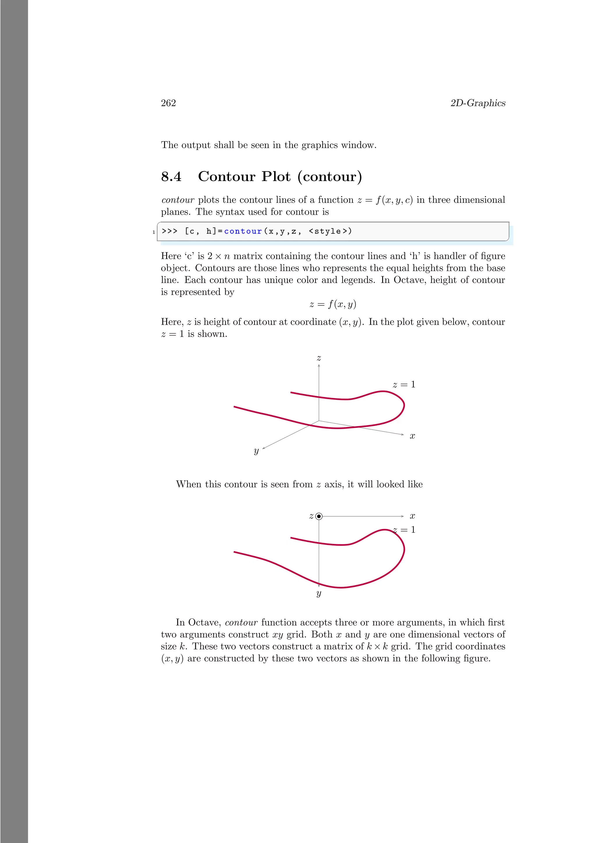 262 2D-Graphics
The output shall be seen in the graphics window.
8.4 Contour Plot (contour)
contour plots the contour lines of a function z = f(x, y, c) in three dimensional
planes. The syntax used for contour is
✞
1 >>> [c, h]= contour(x,y,z, <style >)
✌
✆
Here ‘c’ is 2 × n matrix containing the contour lines and ‘h’ is handler of figure
object. Contours are those lines who represents the equal heights from the base
line. Each contour has unique color and legends. In Octave, height of contour
is represented by
z = f(x, y)
Here, z is height of contour at coordinate (x, y). In the plot given below, contour
z = 1 is shown.
x
y
z
z = 1
When this contour is seen from z axis, it will looked like
x
y
bcb
z
z = 1
In Octave, contour function accepts three or more arguments, in which first
two arguments construct xy grid. Both x and y are one dimensional vectors of
size k. These two vectors construct a matrix of k ×k grid. The grid coordinates
(x, y) are constructed by these two vectors as shown in the following figure.
 