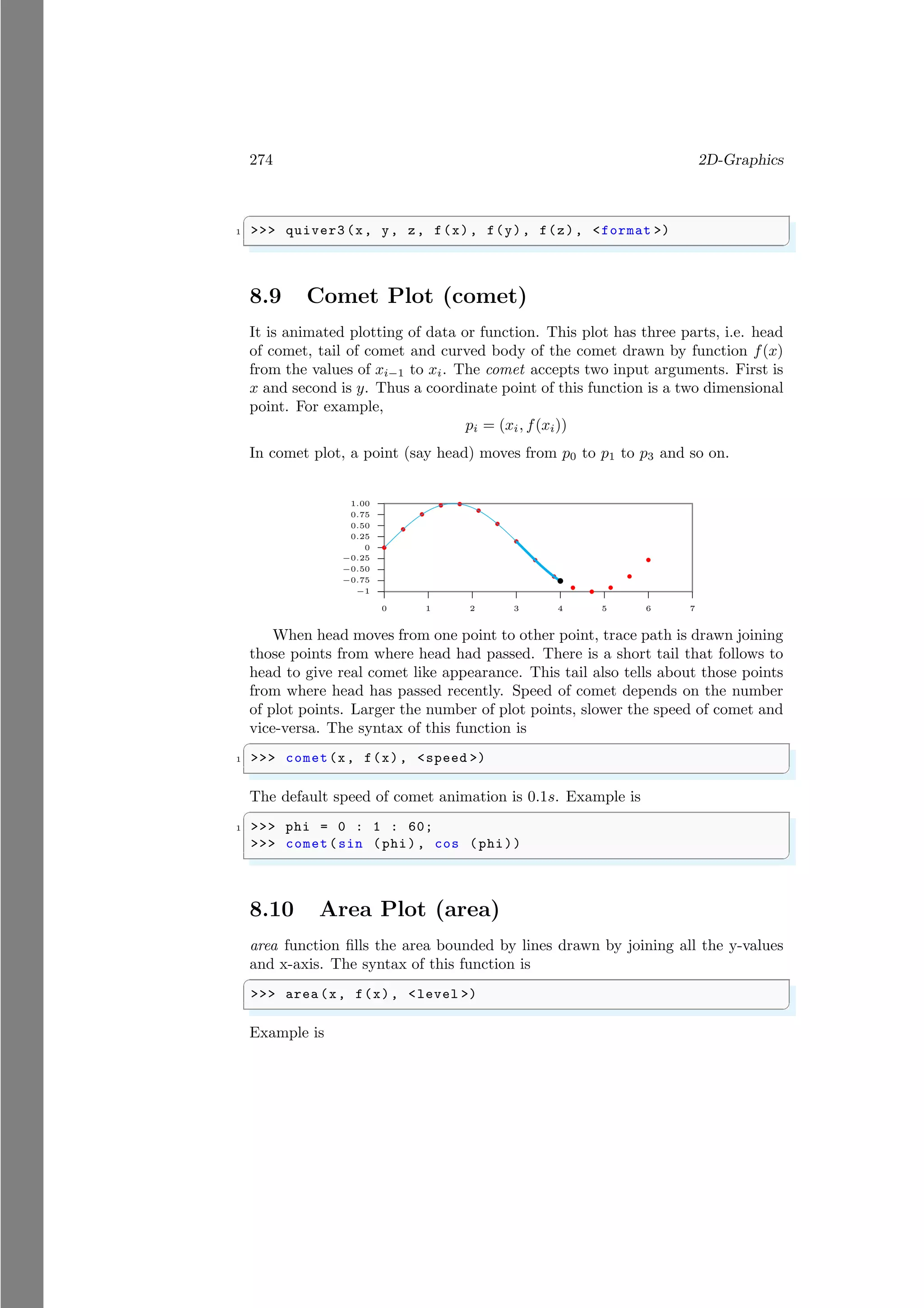 274 2D-Graphics
✞
1 >>> quiver3 (x, y, z, f(x), f(y), f(z), <format >)
✌
✆
8.9 Comet Plot (comet)
It is animated plotting of data or function. This plot has three parts, i.e. head
of comet, tail of comet and curved body of the comet drawn by function f(x)
from the values of xi−1 to xi. The comet accepts two input arguments. First is
x and second is y. Thus a coordinate point of this function is a two dimensional
point. For example,
pi = (xi, f(xi))
In comet plot, a point (say head) moves from p0 to p1 to p3 and so on.
−1
−0.75
−0.50
−0.25
0
0.25
0.50
0.75
1.00
0 1 2 3 4 5 6 7
b
b
b
b b
b
b
b
b
b
b
b
b
b
b
b
When head moves from one point to other point, trace path is drawn joining
those points from where head had passed. There is a short tail that follows to
head to give real comet like appearance. This tail also tells about those points
from where head has passed recently. Speed of comet depends on the number
of plot points. Larger the number of plot points, slower the speed of comet and
vice-versa. The syntax of this function is
✞
1 >>> comet(x, f(x), <speed >)
✌
✆
The default speed of comet animation is 0.1s. Example is
✞
1 >>> phi = 0 : 1 : 60;
>>> comet(sin (phi), cos (phi))
✌
✆
8.10 Area Plot (area)
area function fills the area bounded by lines drawn by joining all the y-values
and x-axis. The syntax of this function is
✞
>>> area (x, f(x), <level >)
✌
✆
Example is
 